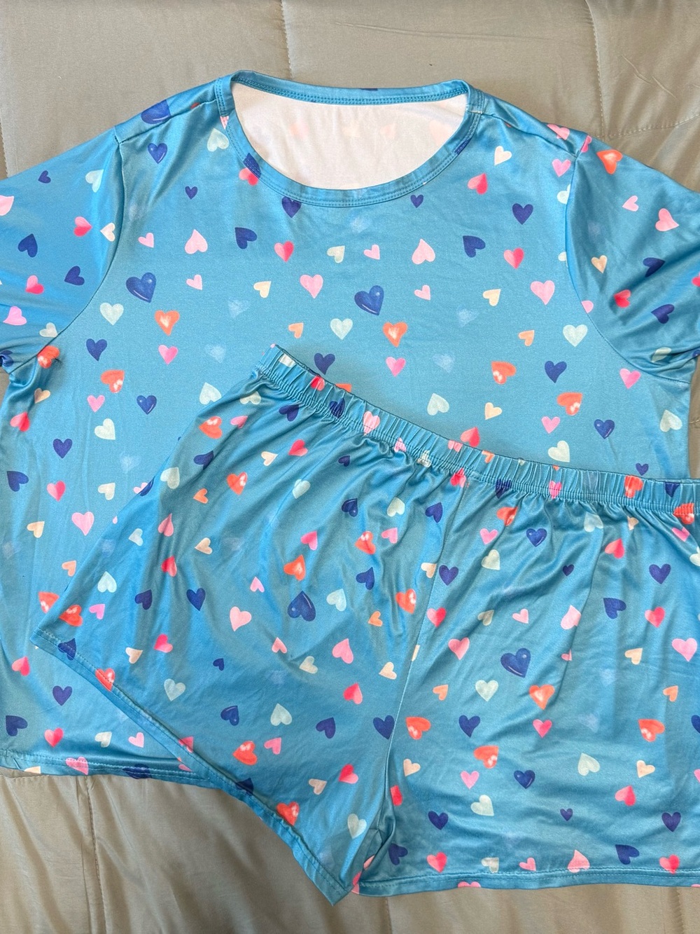SHEIN Blue Heart Print Short Sleeve 2 piece Pajama Set